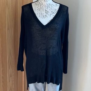 Autumn Cashmere lightweight (Viscose/Linen blend) semi sheer black Vneck sweater